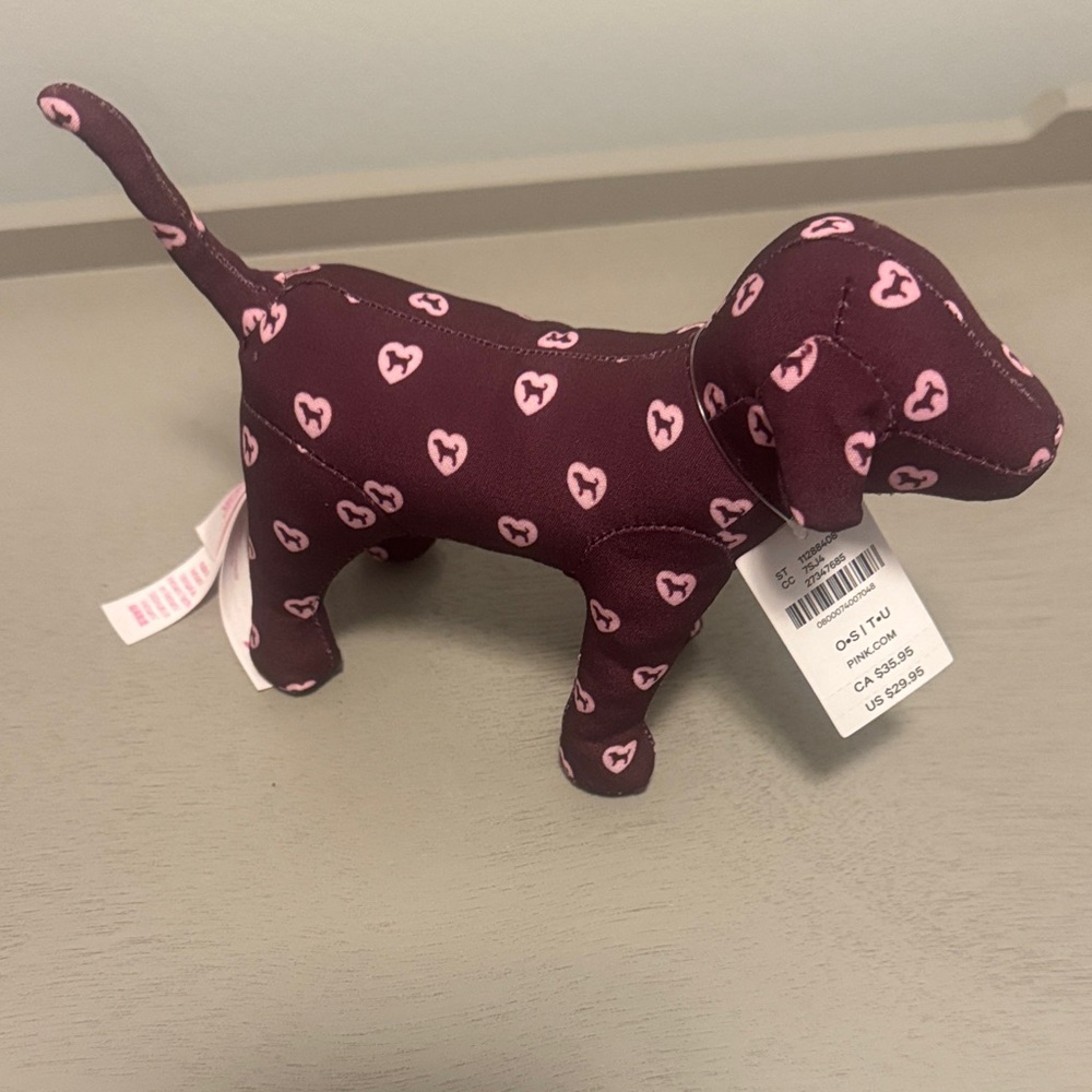 PINK Victoria's Secret Burgundy Dog Plush with Pink Hearts